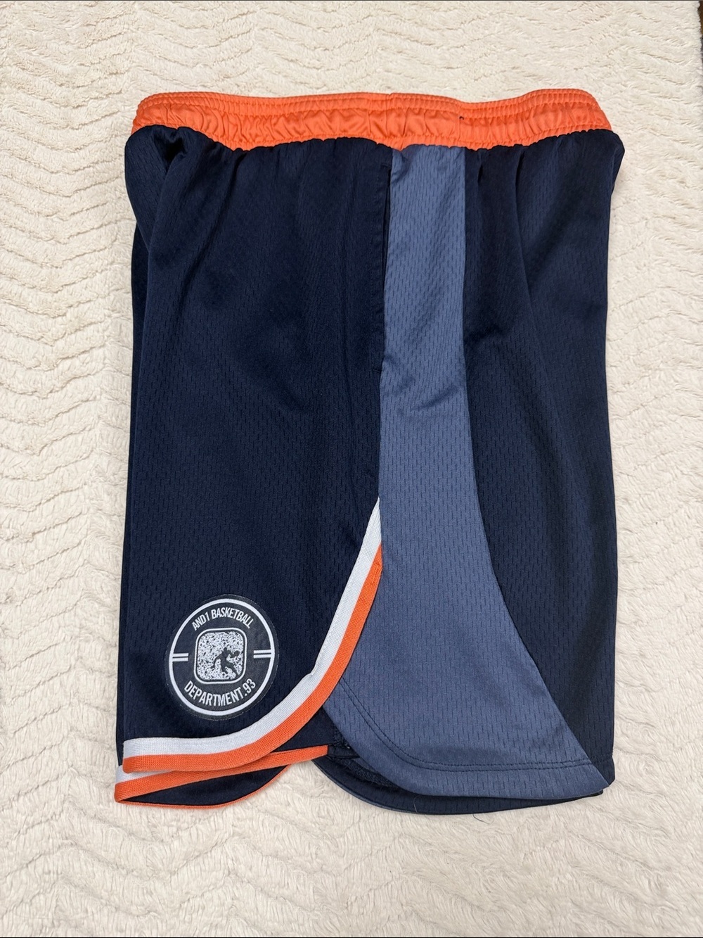 💜AND1 Mens Navy & Orange Logo Athletic Basketball Shorts Good Condition M